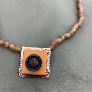 Amber Sea glass beaded necklace w vintage pendant